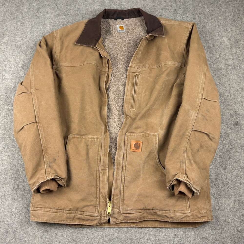 Carhartt Sherpa Lined Duck Jacket Mens Large Tall Brown Canvas Workwear Coat - Picture 2 of 15